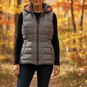 The North Face Women's Gray Quilted Hooded Vest with Orange/Hot Pink Lining
